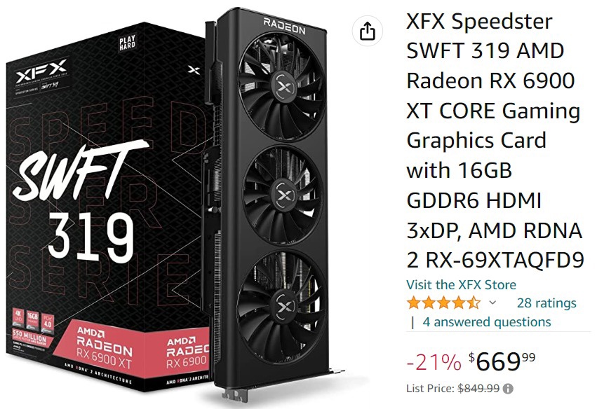 AMD RX 6900 XT 显卡连续降价，现已低至 669 美元